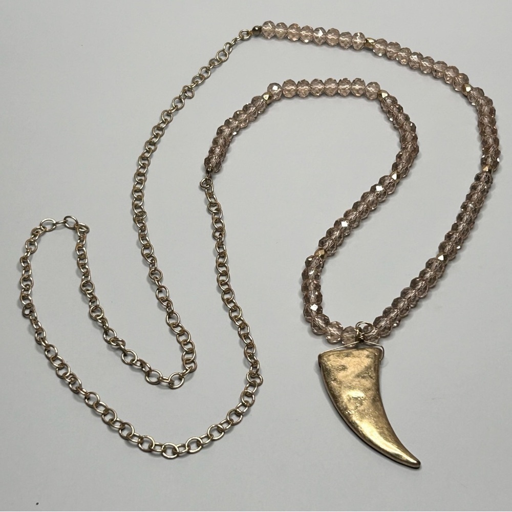 Gold Tone Tooth Pendant Beaded Necklace